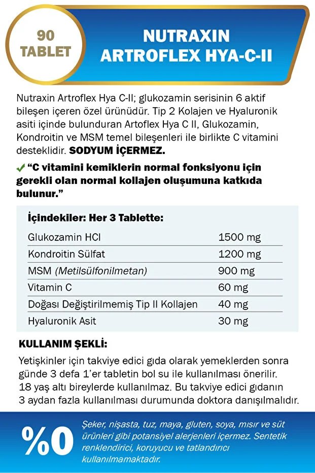 Artroflex HYA-C-II 90 Tablet–Tip II Kolajen, Glukozamin, MSM, Hyaluronik Asit